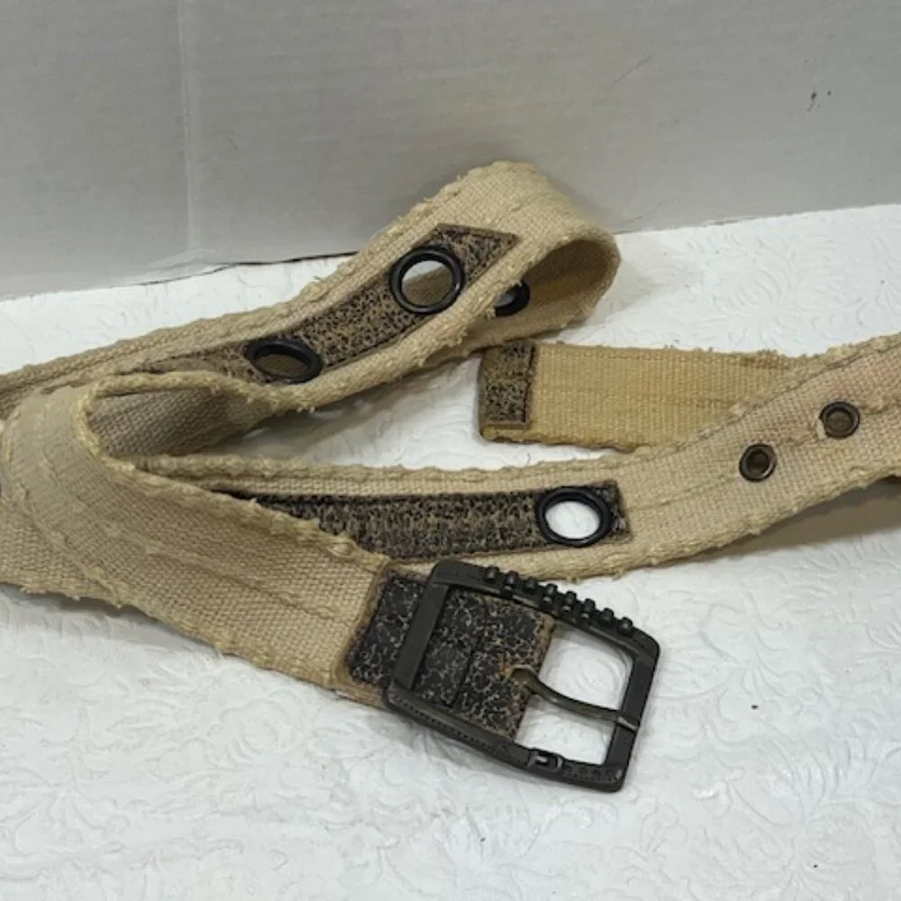 Beige Distressed Canvas Faux Leather Accents Metal Grommet Holes Belt 37